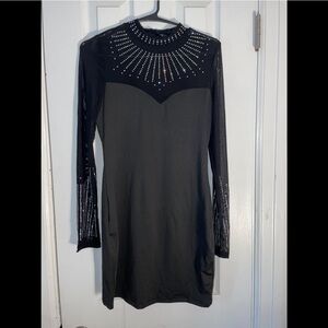 Black Long Sleeve Dress with Silver Rhinestones